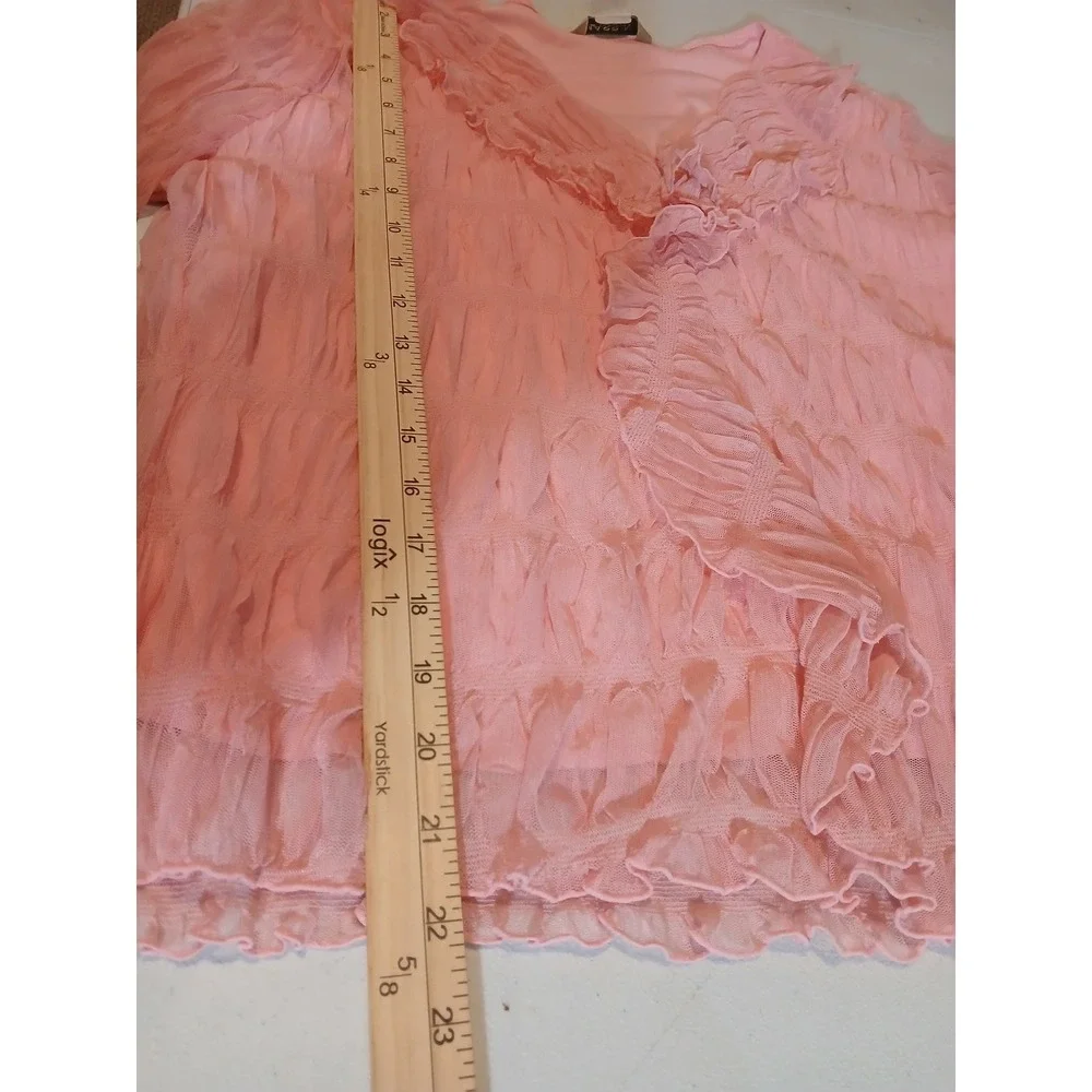 Massini Pink Ruffled V-Neck Blouse Mesh Pleated Top Large Fairy Feminine Stretch - Picture 6 of 9